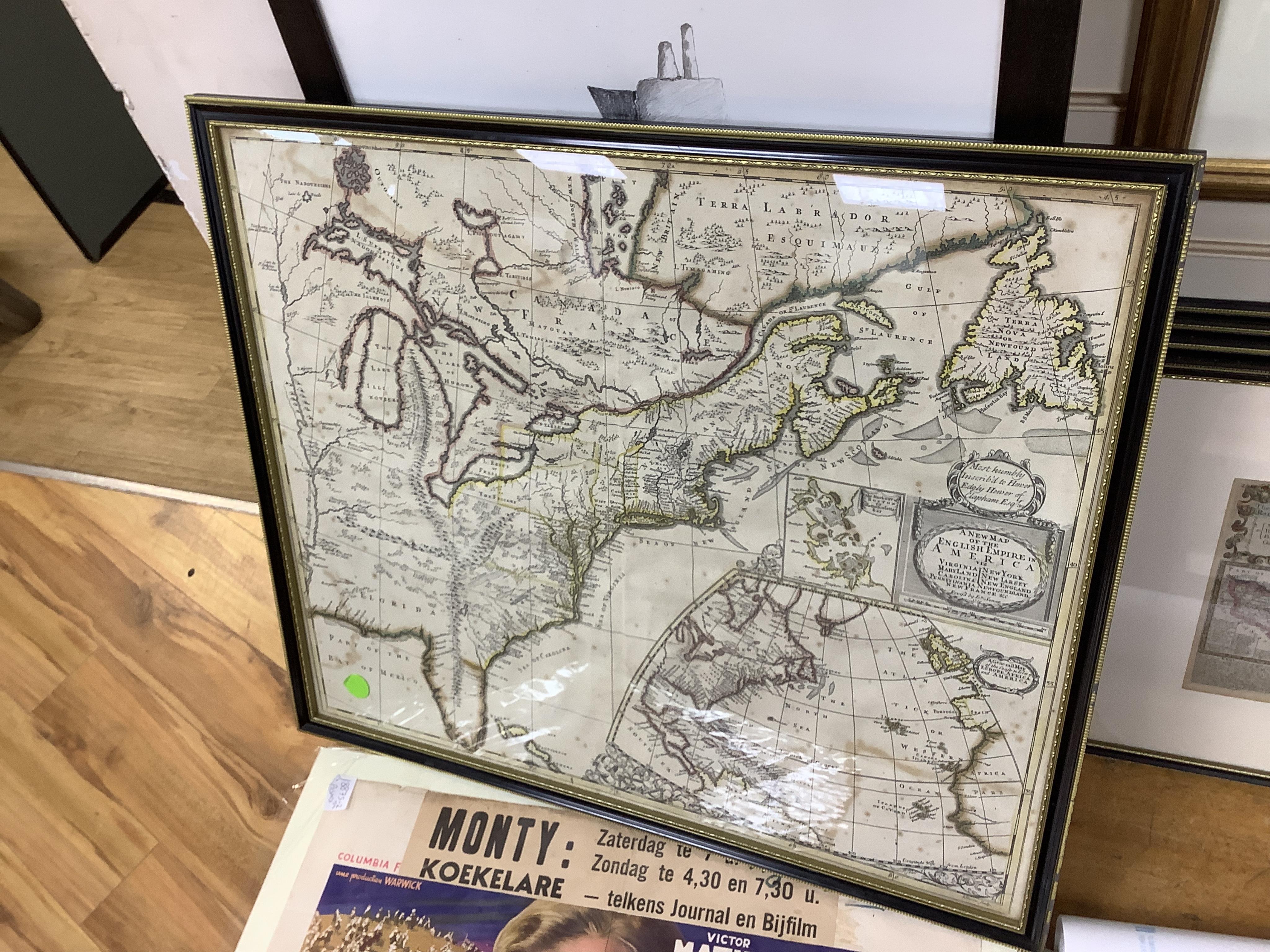 A collection of American interest maps to include: John Sennex, A map of the English Empire in America, hand coloured engraved map and one of North America, published Sept. 1st 1832 by Baldwin & Cradock
